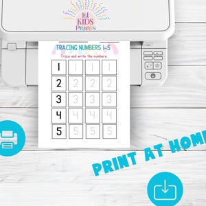 Preschool digital worksheet tracing practice numbers 1-5. Trace on dotted lines. Educational tracing activity. Math Montessori, school home.
