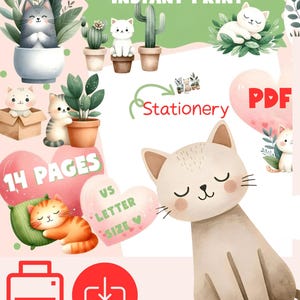Kitten Stationary Printable Set. Digital Writing unlined Paper. Letter Page PDF bundle. Instant Print Download. Watercolor style cat lovers