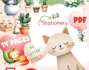 Kitten Stationary Printable Set. Digital Writing unlined Paper. Letter Page PDF bundle. Instant Print Download. Watercolor style cat lovers