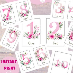 Flashcards, cijfers 0-10. Illustraties van de cijfers één tot en met tien, formaat 10x15 cm, afgedrukt op papier van 21,5x28 cm. Montessori PDF-visueel hulpmiddel.