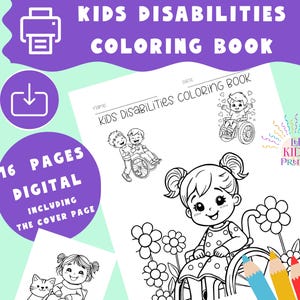 Digital coloring pages. Young child with a disability in a wheelchair. Instant digital download. Print at home. 8.5 x 11 inches. Boys girls