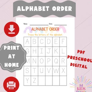 Tracing alphabetical letters, logical order. Numerical worksheet for preschoolers. Practice, dotted lines, fine motor skills. Digital PreK.