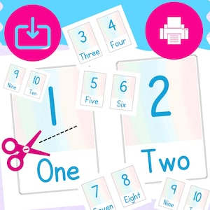 Flashcards for recognizing numbers from 1 to 10. Educational math activity for preschool-aged. Read numbers and words. PDF instant download.