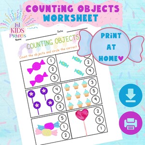 Peut inclure: Une feuille de travail imprimable pour les enfants afin de s'entraîner à compter des objets. La feuille de travail présente des images colorées de bonbons, de cupcakes et de sucettes. Le texte sur la feuille de travail dit "Counting Objects Worksheet" et "Print at Home".