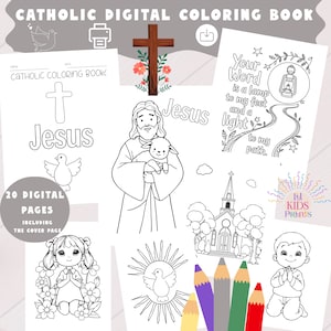 Digital coloring book on Catholicism for children. Vertical image, 8.5 x 11 inches PDF, illustration and Bible verse. Toddler, Sunday school