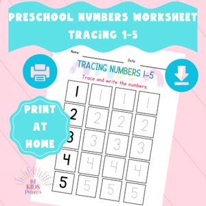 数字アクティビティシート、1～5 の数字をトレースします。  未就学児、運動、点線上の数字の練習。 PDFページ