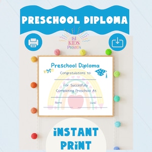 Diploma digital pré-escolar para ser preenchido à mão. Impressão instantânea. Creche e educação domiciliar. Certificado de formatura do jardim de infância