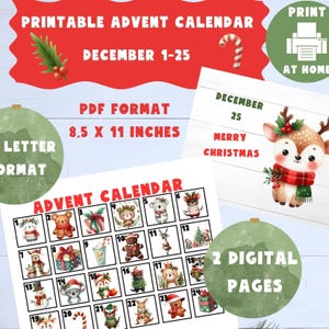 Calendario de Adviento imprimible. Cuenta regresiva de 25 días para Navidad. PDF digital descargable. Niño pequeño y temporada de vacaciones.