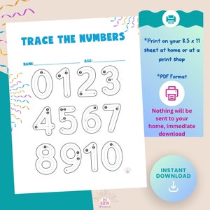 Peut inclure: Une feuille de travail imprimable pour tracer les chiffres de 0 à 10. Les chiffres sont entourés de lignes pointillées que les enfants doivent suivre. La feuille de travail est intitulée "Trace the Numbers" et comporte un espace pour le nom et l'âge de l'enfant.