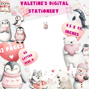 Papelería digital con corazones y animales adorables. Dibujo de acuarela de San Valentín en formato PDF para descarga instantánea. Impresión.