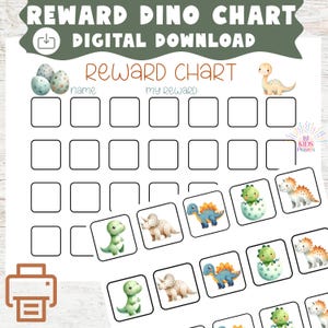 May include: A white printable reward chart with the text "Reward Dino Chart Digital Download". The chart features spaces for rewards and dinosaur-themed illustrations. Includes a printer icon.