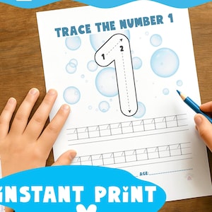 Number 1 tracing digital sheet. Fine motor skills learning for homeschooling. Preschool educational activity. Format PDF for instant print.