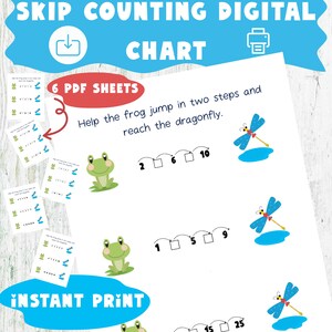 Może przedstawiać: Cyfrowy wykres liczenia z pominięciem z tekstem "SKIP COUNTING DIGITAL CHART". Wykres zawiera żabę, ważki i sekwencje liczb do uzupełnienia. Widoczne są również słowa "6 PDF SHEETS" i "INSTANT PRINT".
