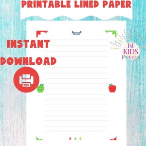 Peut inclure: Feuille de papier ligné imprimable avec le texte « PRINTABLE LINED PAPER » en haut. Les mots « INSTANT DOWNLOAD » sont en rouge. Le design comprend une icône d'imprimante rouge, des graphiques de pommes vertes et rouges et des coins colorés. Le papier est conçu pour les enfants.
