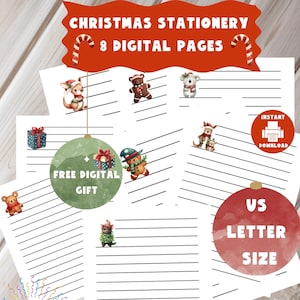 Papel de carta decorativo navideño digital. 8 hojas rayadas para niños. Animales, temporada de vacaciones. Página PDF descargable e imprimible.