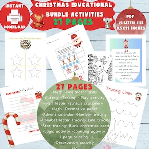 Paquete educativo descargable para niños. Conjunto de actividades navideñas. Páginas festivas descargables instantáneamente para estudiantes jóvenes