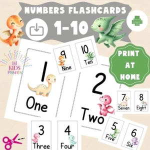 Carte flash 4 x 6 pouces numérique. Chiffres de 1 - 10 et dinosaures. Téléchargement PDF. Mathématiques préscolaire, outil Montessori, école