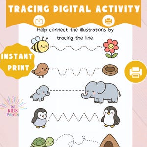 Peut inclure: Feuille d'activité de traçage numérique avec des illustrations d'une abeille, d'un oiseau, d'une fleur, d'un nid, d'éléphants, de pingouins et d'une tortue. Le texte "TRACING DIGITAL ACTIVITY" et "INSTANT PRINT" est inclus.