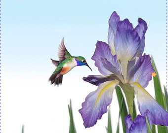 Fabric Art Panel - 6" x 12" Irises and Hummingbird