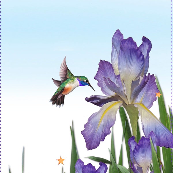 Fabric Art Panel - 6" x 12" Irises and Hummingbird