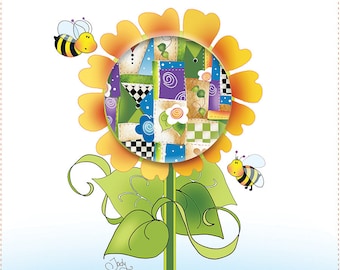 Quilted Sunflower with Bees - 6" Fabric Art Panel and more-AP59