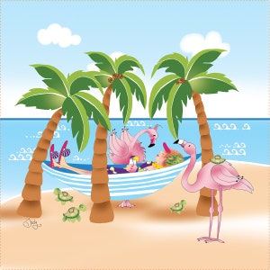 Relaxing with Flamingos - 8&quot; square fabric art panel