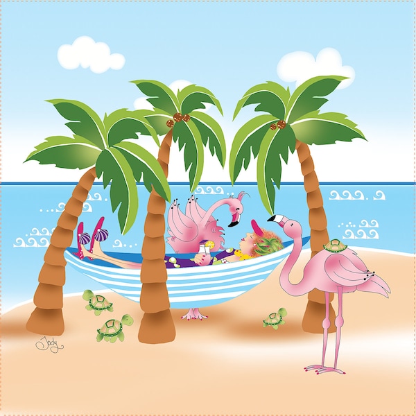Relaxing with Flamingos - 8" square fabric art panel
