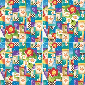 May include: A colorful patchwork pattern with a variety of shapes and colors, including blue, green, red, yellow, and white. The pattern features flowers, stars, and swirls.