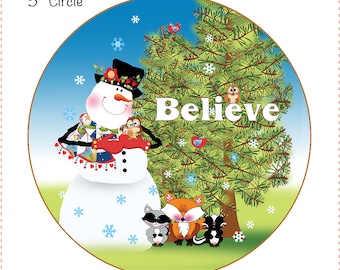 Snowman Believe 5" Round Fabric Art Panel for Rope Bowls and Appliqués -R.25