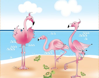 AP7.7  Flamingos on the Beach - 8" Square Fabric Art Panel