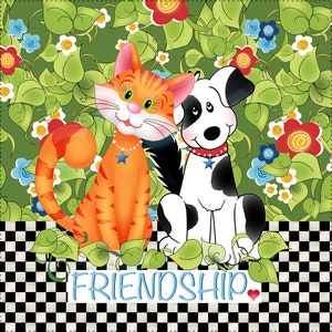 FRIENDSHIP - Cat & Dog 6&quot; Fabric Art Panel - AP6.71