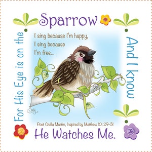 His eye is on the Sparrow....6 inch square fabric art panel and more-AP131