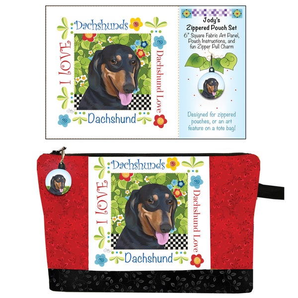 Dachshund Zippered Pouch Set - 6" sq. fabric panel, Zipper Charm and Instructions