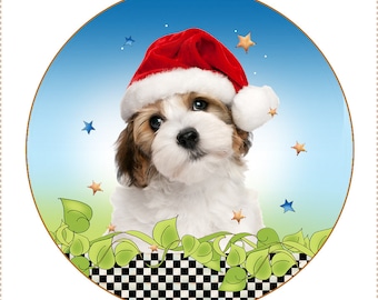 Holiday Puppy Wonder - 6" square fabric art panel - 40% Off Sale