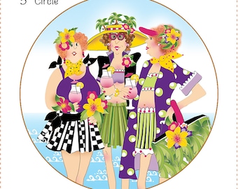 Beach Girls on the Go - fabric panel in Round - 5" Round art panel for Rope Bowl Projects #R.07