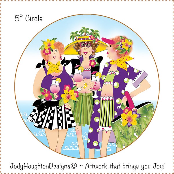 Beach Girls on the Go - fabric panel in Round - 5" Round art panel for Rope Bowl Projects #R.07