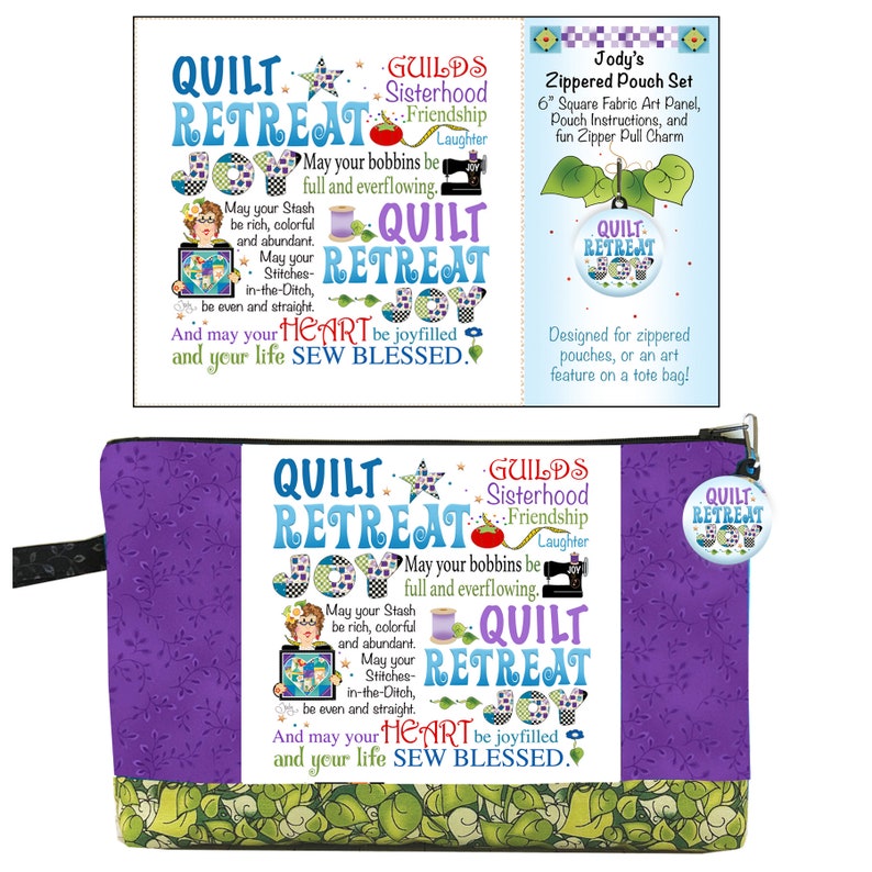 Quilt Retreat Fabric Panel plus Retreat Gifts 3-Set Pouch