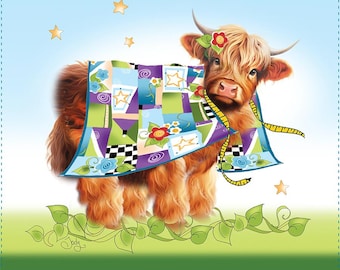 Highland Cow loves Quilts!  NEW 6" square fabric art panel and more