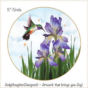 Iris with Hummingbird - Round designs on fabric for Fabric & Rope Bowl base and more - #R.14