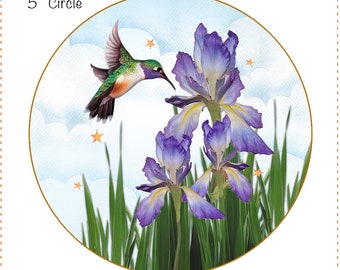 Iris with Hummingbird - Round designs on fabric for Fabric & Rope Bowl base and more - #R.14