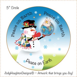 May include: A 5 inch round, blue and green circle with a snowman holding a globe with a dove on top. The globe is surrounded by snowflakes and the text "Peace on Earth" is written around the circle.