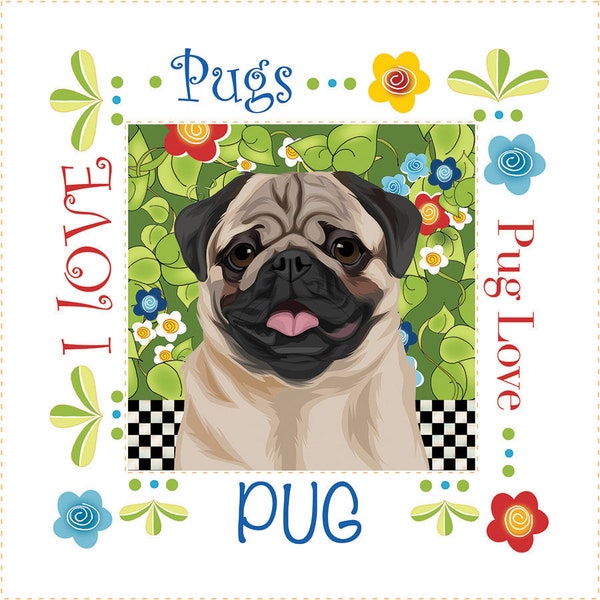 Pug Dog fabric art panel