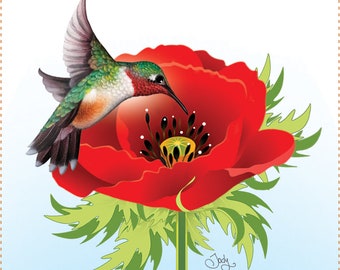 Hummingbird and Poppy 6" Fabric Art Panel and more