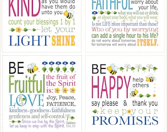 Set406  Four 5" square fabric Panels - Be Kind, Be Faithful, Be Fruitful, and Be Happy