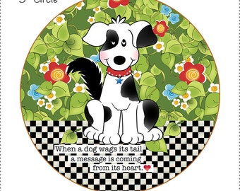 Black & White Dog - Five inch  Round Fabric Panel for the base of a Fabric and Rope Bowl - #R09