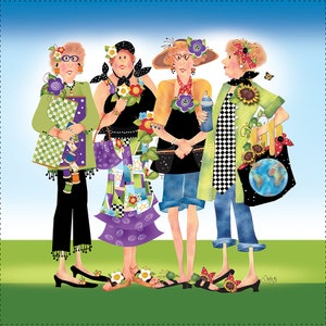 Four Girlfriends or Sisters 6&quot;sq Fabric Art Panel-AP139