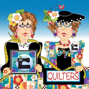 May include: Two women wearing glasses and colorful clothing are holding signs that say "JOY" and "QUILTERS". They are surrounded by colorful patchwork fabric.