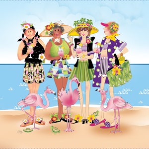 Beach Girls with Flamingos Fat Quarter Panel