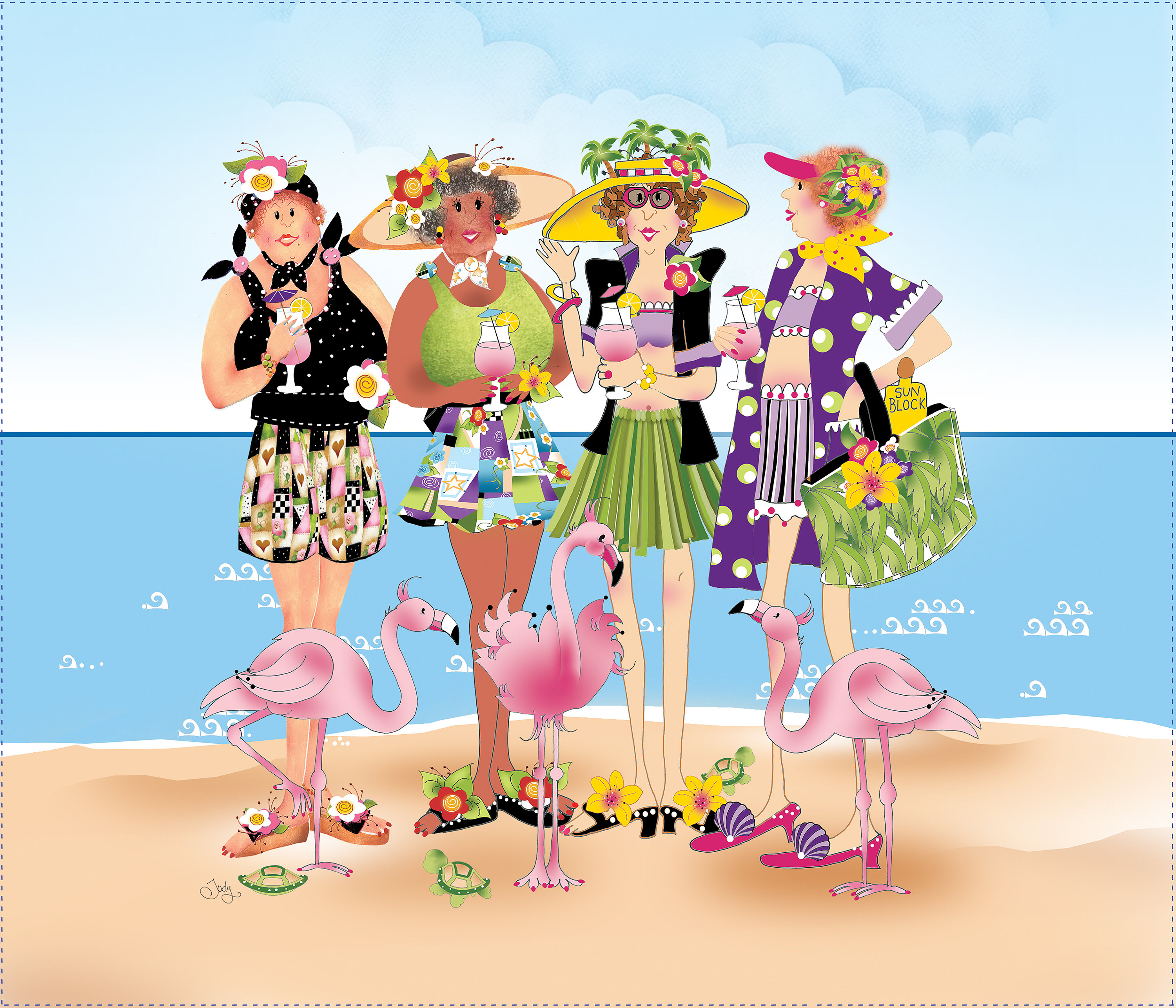 Beach Girls with Flamingos Fat Quarter Panel
