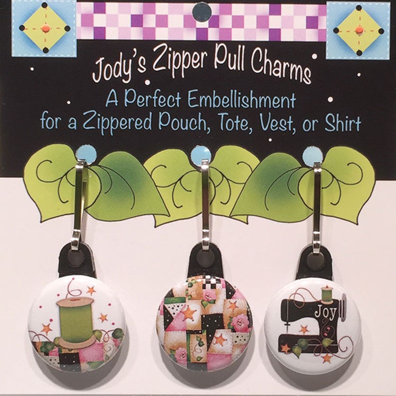 Patchwork Sewing Machine and Spool Zipper Charm Set